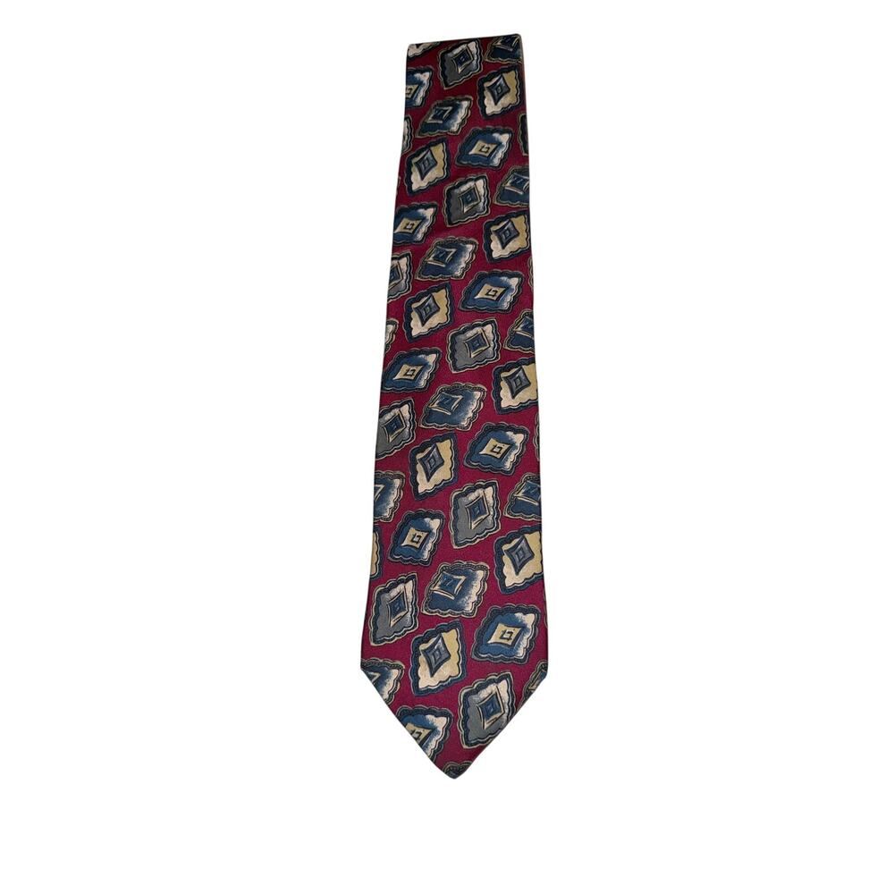 Vintage palani 100% silk mens neck tie USA made red blue abstract print